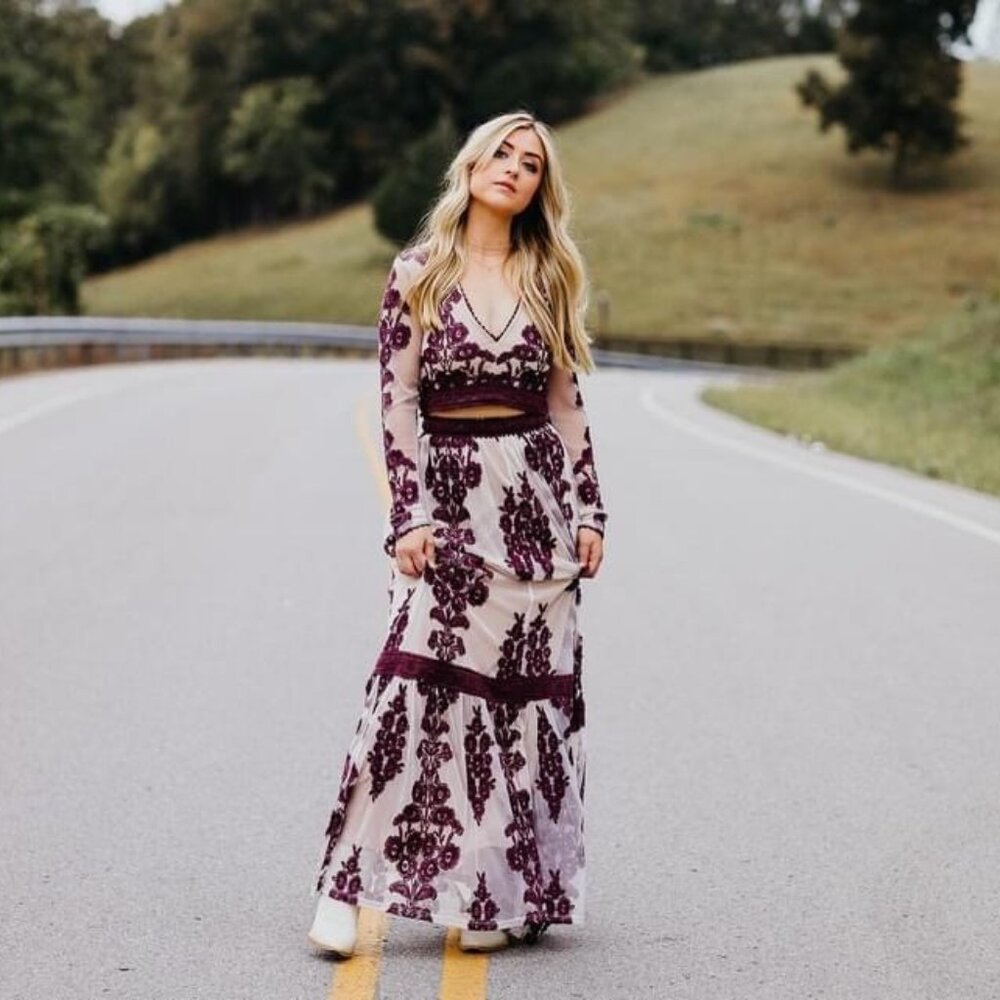 NWT Altar’d State Embroidered Mesh Floral Maude Top & SKIRT SET Winetasting BOHO